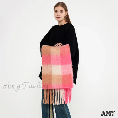 Winter Plaid Tassel Rainbow Faux Cashmere Long Muffler Scarf