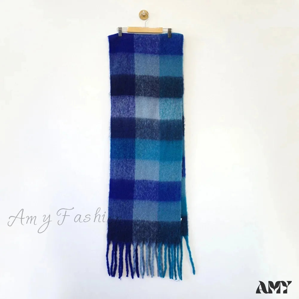 Winter Plaid Tassel Rainbow Faux Cashmere Long Muffler Scarf Blue Cyan Grey / L242Cm W35Cm