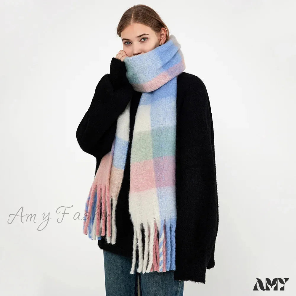 Winter Plaid Tassel Rainbow Faux Cashmere Long Muffler Scarf Blue Green Pink / L242Cm W35Cm