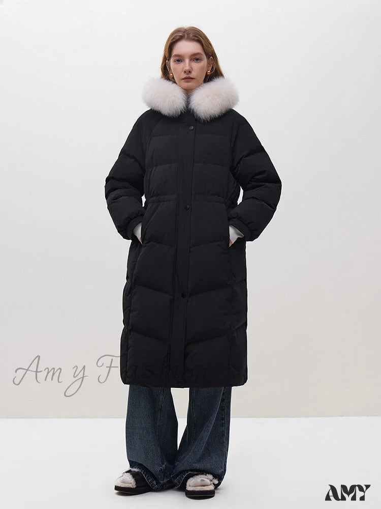 Winter Warm Black Long Light Yellow Fox Fur Collar Straight Down Coat