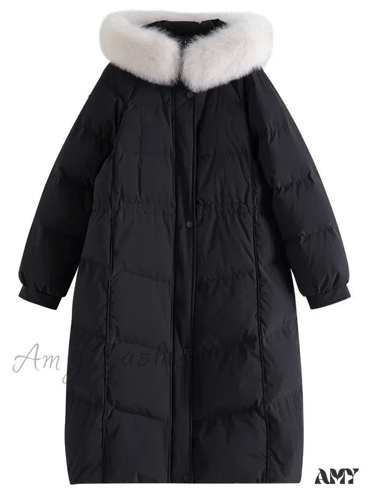 Winter Warm Black Long Light Yellow Fox Fur Collar Straight Down Coat