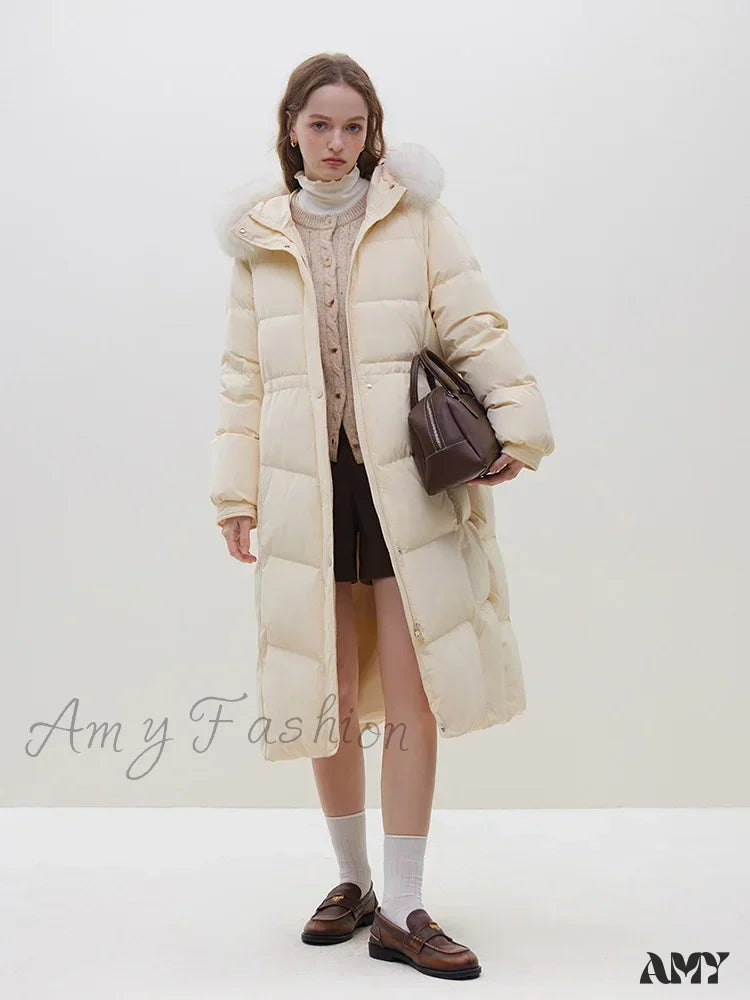 Winter Warm Black Long Light Yellow Fox Fur Collar Straight Down Coat Yellow / Xxs