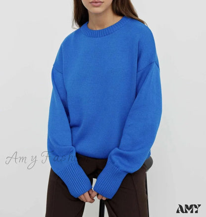 Winter Warm Thick Knit Solid Black Soft Pullover Loose Korean Autumn Women Coat O Neck Sweater Blue