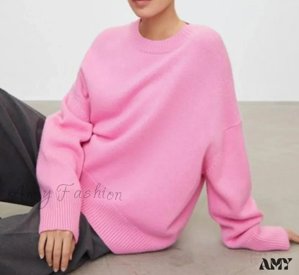 Winter Warm Thick Knit Solid Black Soft Pullover Loose Korean Autumn Women Coat O Neck Sweater Pink