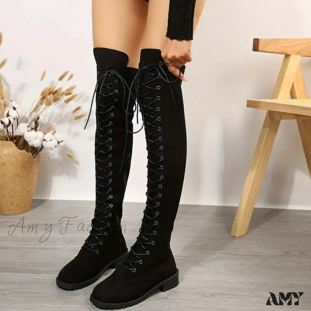 Wish Aliexpress Hot Sale Plus Size 414243 Lace-Up Over-Knee Long Boots Flat Women’s Shoes