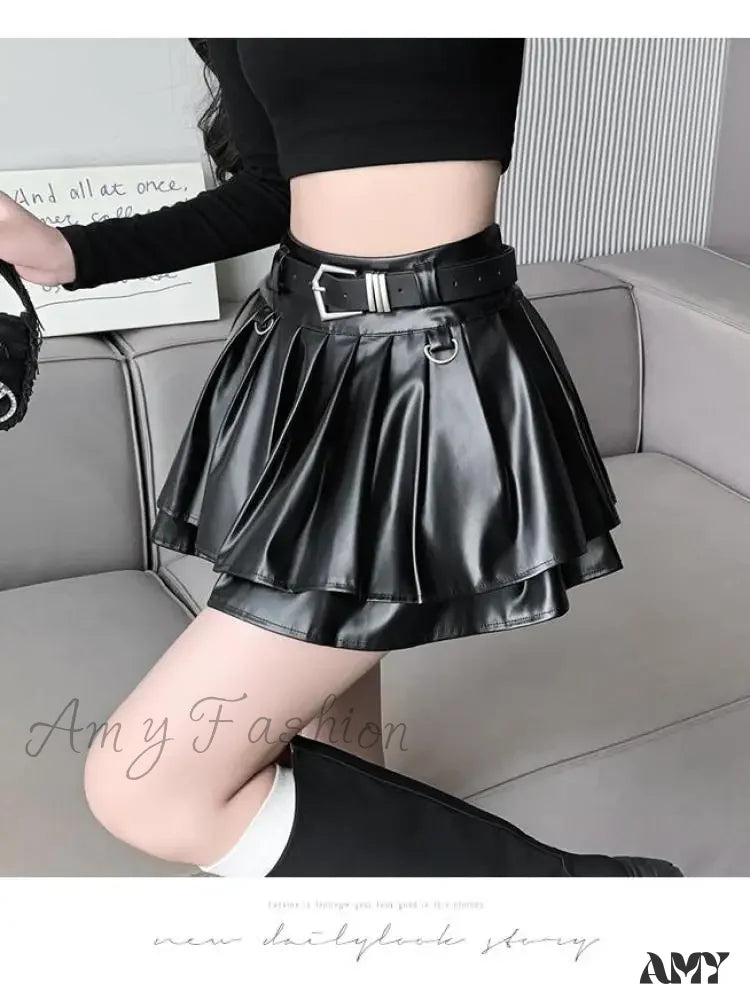 With Belt Pleated Pu Leather Ball Gown High Waist Slim A-Line Skirt