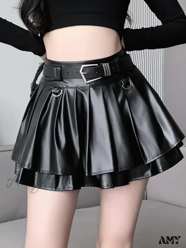 With Belt Pleated Pu Leather Ball Gown High Waist Slim A-Line Skirt