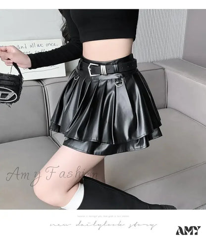 With Belt Pleated Pu Leather Ball Gown High Waist Slim A-Line Skirt Black / S