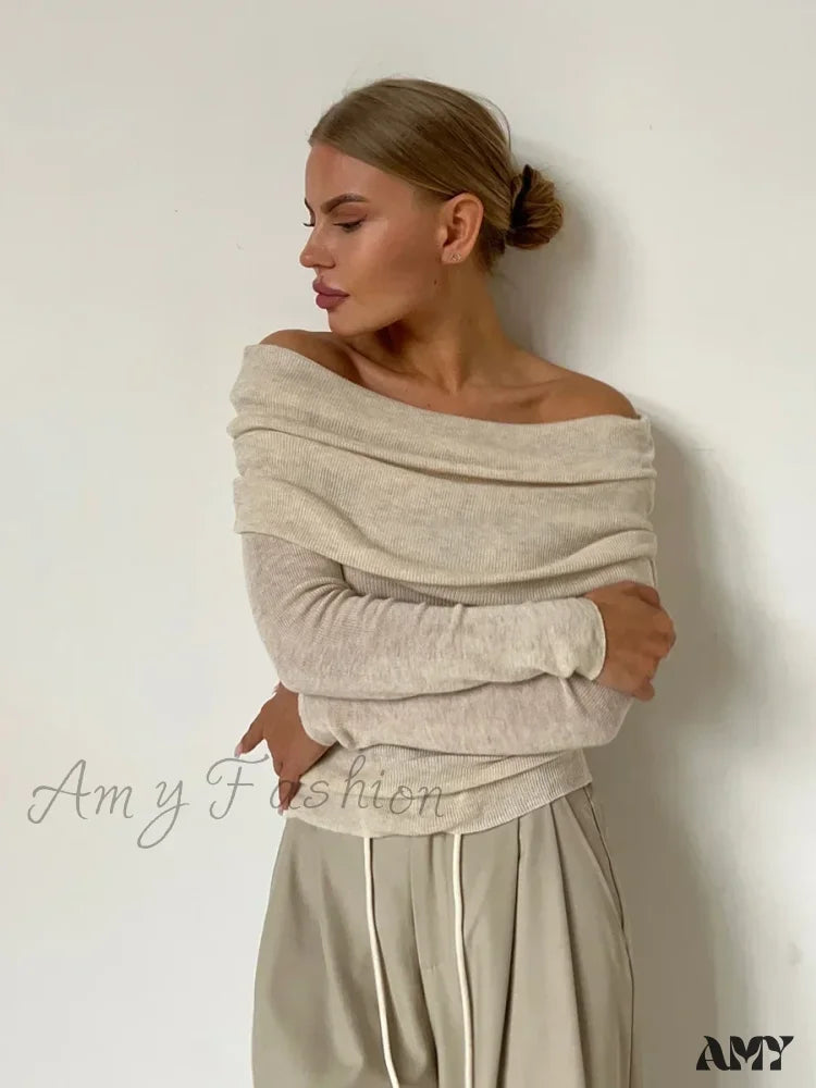 Wolfeel Women Knitted Wool T-Shirt Slim Fit Long Sleeve Off Shoulder Sweater