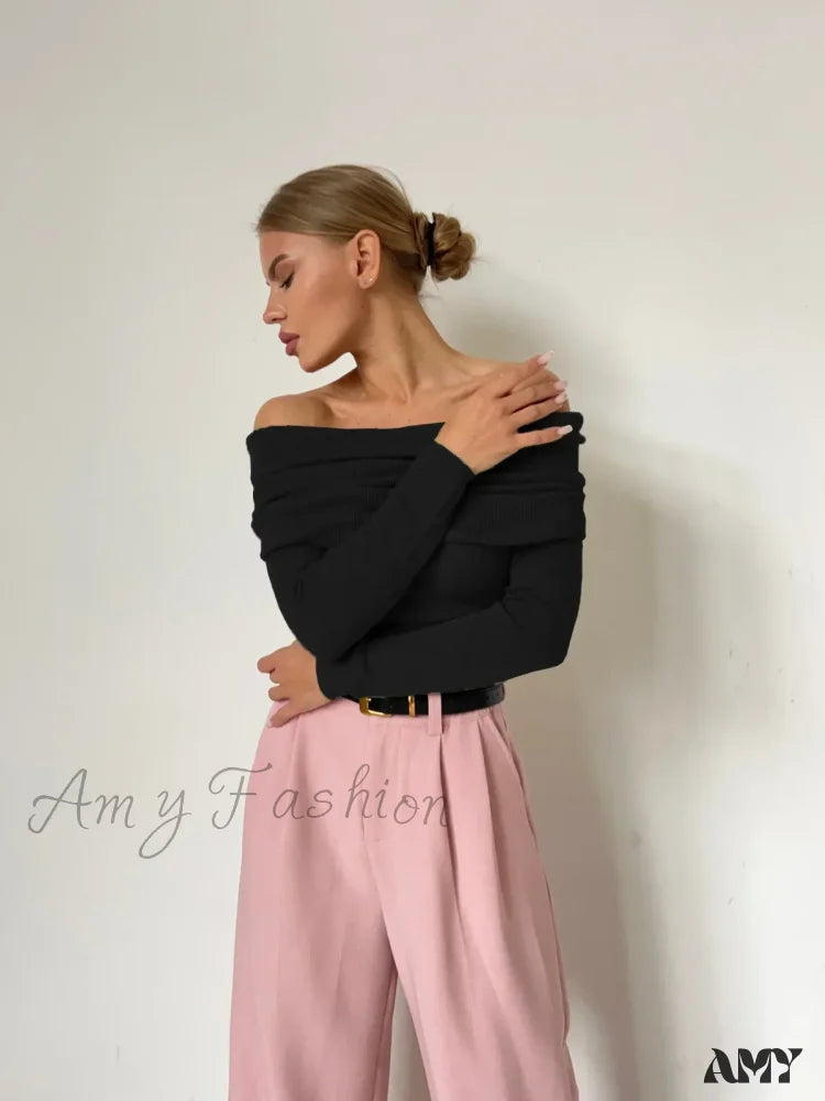 Wolfeel Women Knitted Wool T-Shirt Slim Fit Long Sleeve Off Shoulder Sweater Black / S