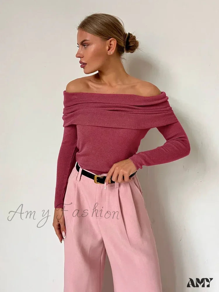 Wolfeel Women Knitted Wool T-Shirt Slim Fit Long Sleeve Off Shoulder Sweater Brick Red / S