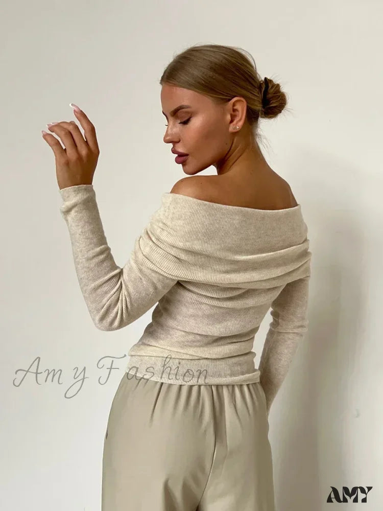 Wolfeel Women Knitted Wool T-Shirt Slim Fit Long Sleeve Off Shoulder Sweater White / S