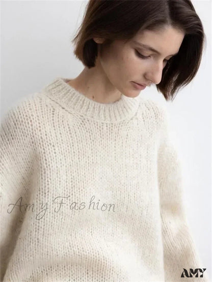 Women 24Th Autumn Winter New Mohair Lazy Feeling Loose Wool Stylish Sweater Creamy-White / One Size