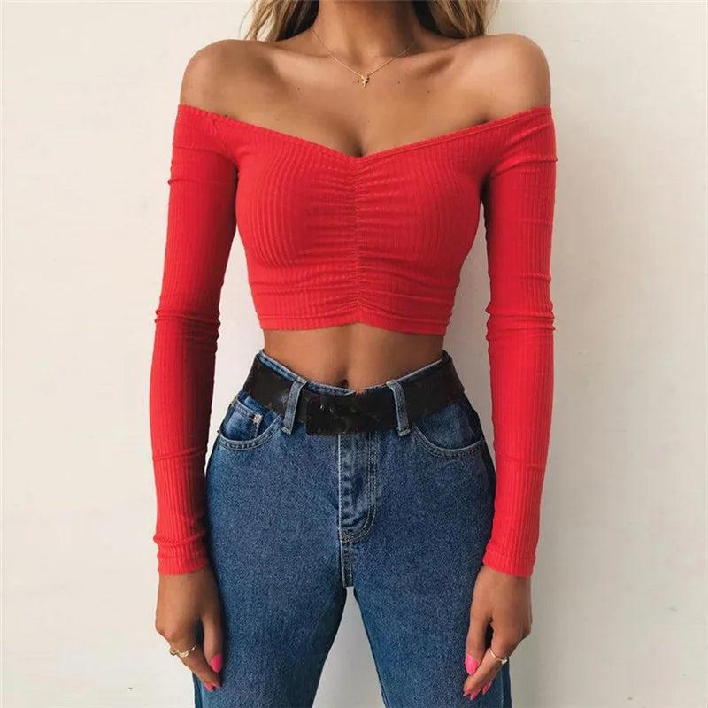 AMY - Sexy Club Fashion Off Shoulder Solid Color Autumn Crop Top