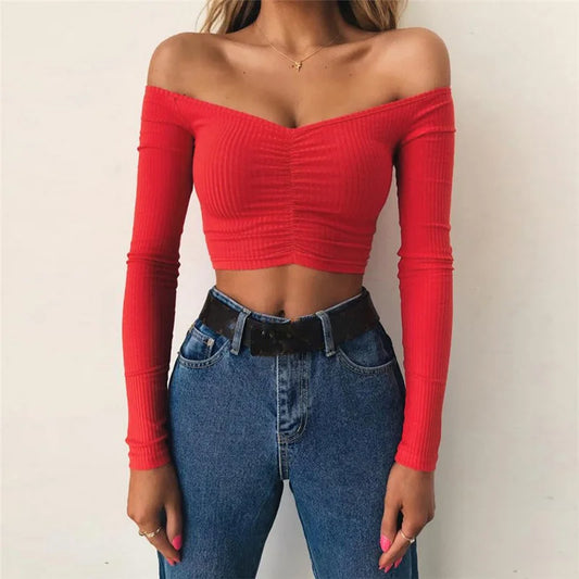 AMY - Sexy Club Fashion Off Shoulder Solid Color Autumn Crop Top