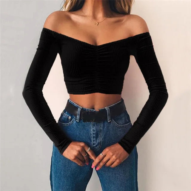 AMY FASHION - Sexy Club Fashion Off Shoulder Solid Color Autumn Crop Top