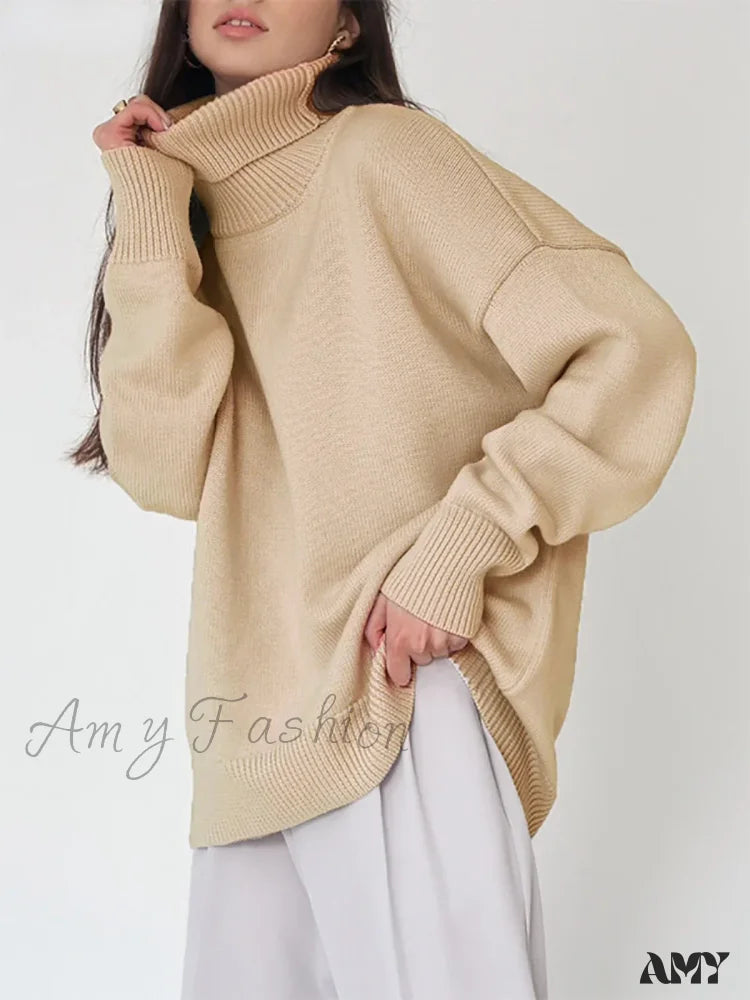 Women Autumn Winter Thick Warm Pullover Top Oversized Casual Loose Knitted Sweater Khaki / S