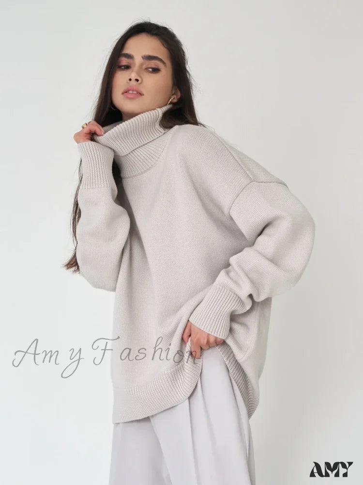 Women Autumn Winter Thick Warm Pullover Top Oversized Casual Loose Knitted Sweater Light Grey / S