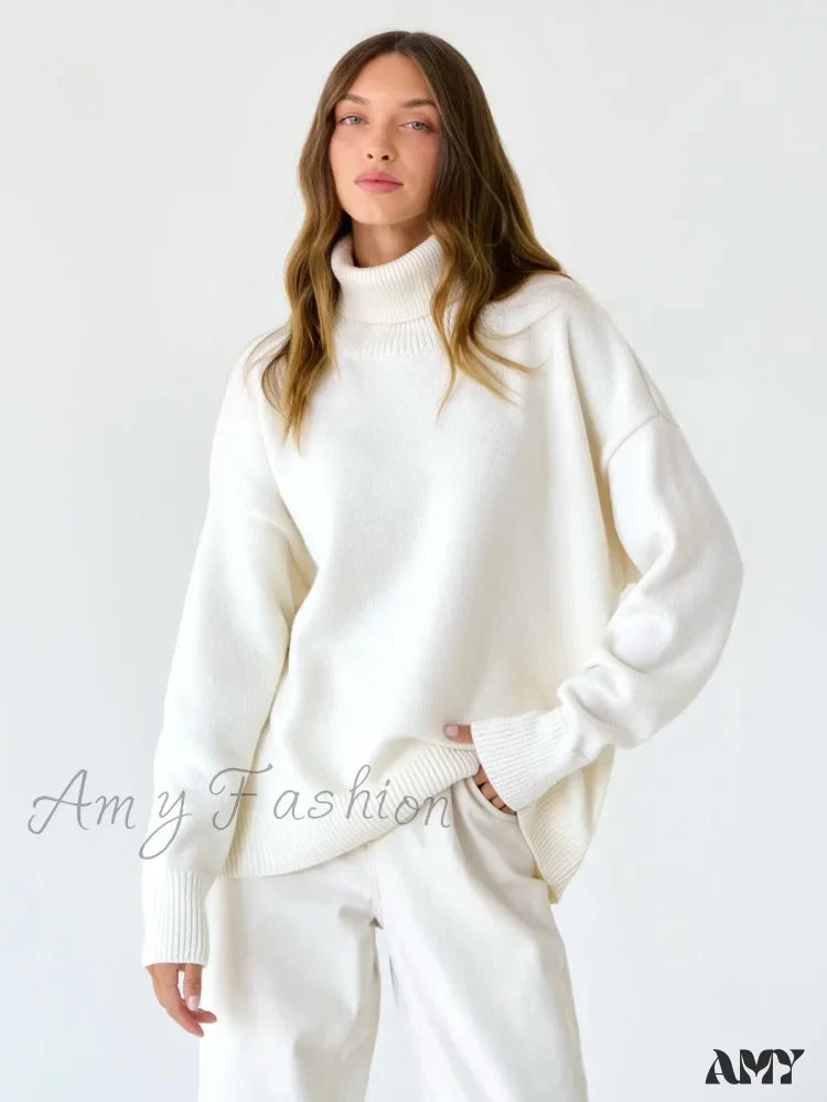 Women Autumn Winter Thick Warm Pullover Top Oversized Casual Loose Knitted Sweater White / S