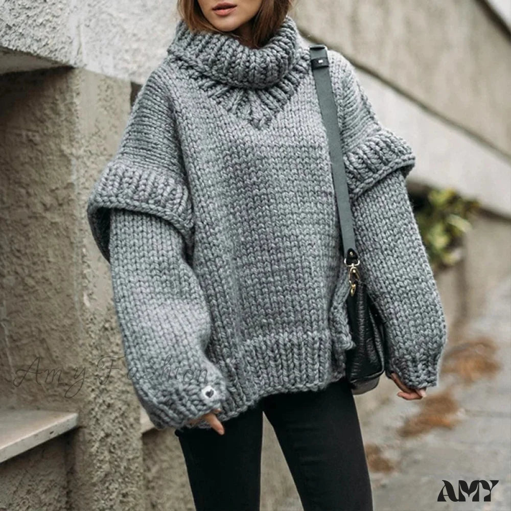 Women Casual Warm Winter Thick Fall Elegant Solid Knitted Jumper Fashion Long Sleeve Loose Sweater