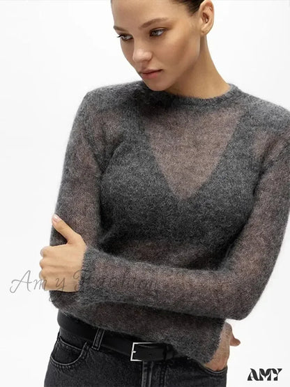 Women Elegant Soft Knitted Pullover Lady Casual Crew Neck Long Sleeve Outwear Sweater Gray / S