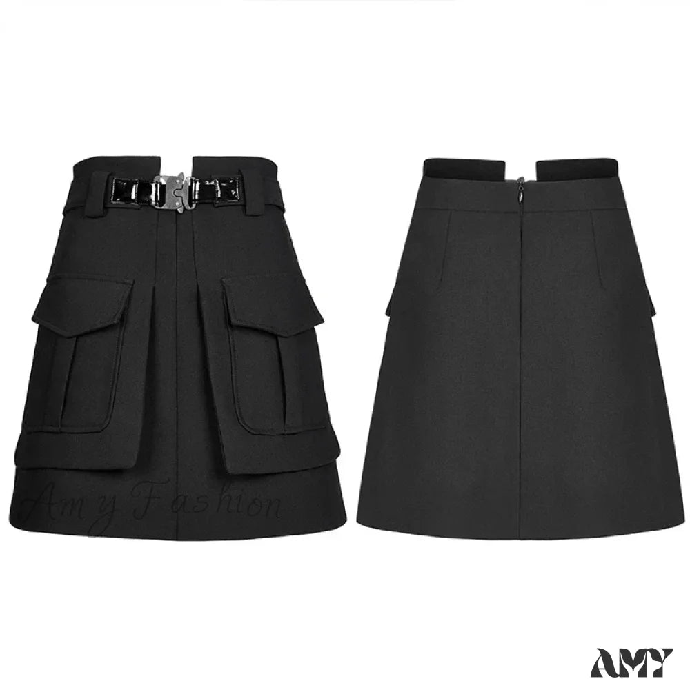 Women Half Line Mini Buckle Decoration Waist Personality Collect Functional Women’s Black Skirt