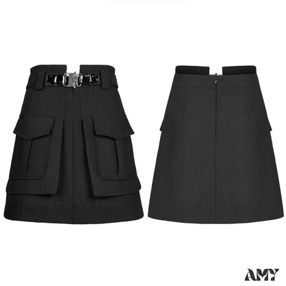 Women Half Line Mini Buckle Decoration Waist Personality Collect Functional Women’s Black Skirt