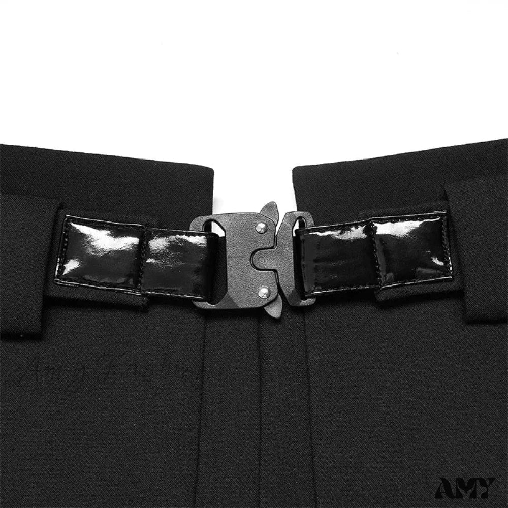 Women Half Line Mini Buckle Decoration Waist Personality Collect Functional Women’s Black Skirt