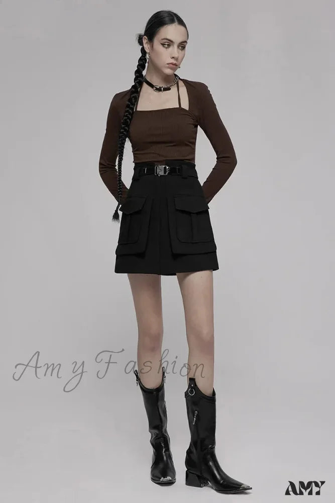 Women Half Line Mini Buckle Decoration Waist Personality Collect Functional Women’s Black Skirt