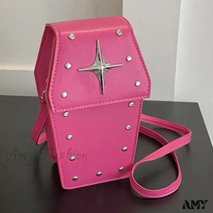 Women Handbag Casual Halloween Dark Leather Personalized Gothic Star Retro Pu Rivet Pink