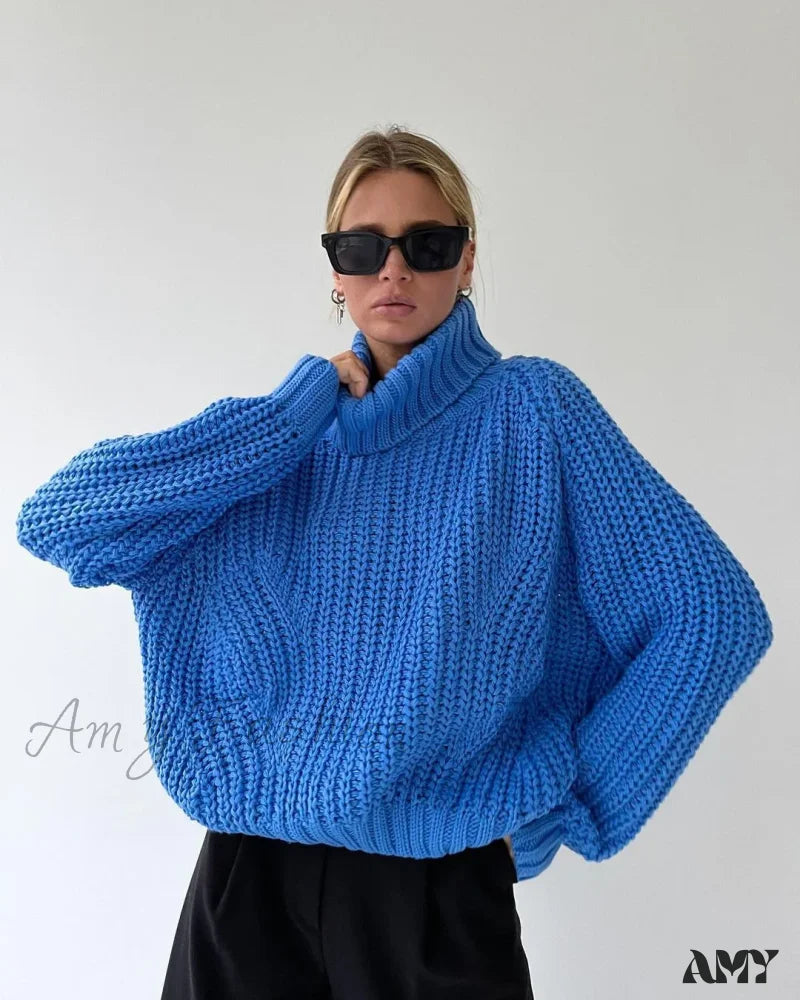 Women Knitted Long Sleeve Loose Harajuku Vintage Casual Chic Cozy Stylish Comfortable Sweater Blue