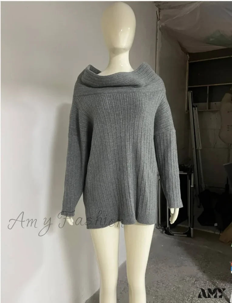 Women Knitted Pullovers 2024 Fall Winter Ribbed Off Shoulder Long Sleeve Loose Casual Oversized