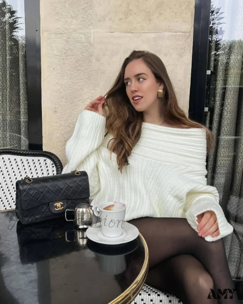 Women Knitted Pullovers 2024 Fall Winter Ribbed Off Shoulder Long Sleeve Loose Casual Oversized