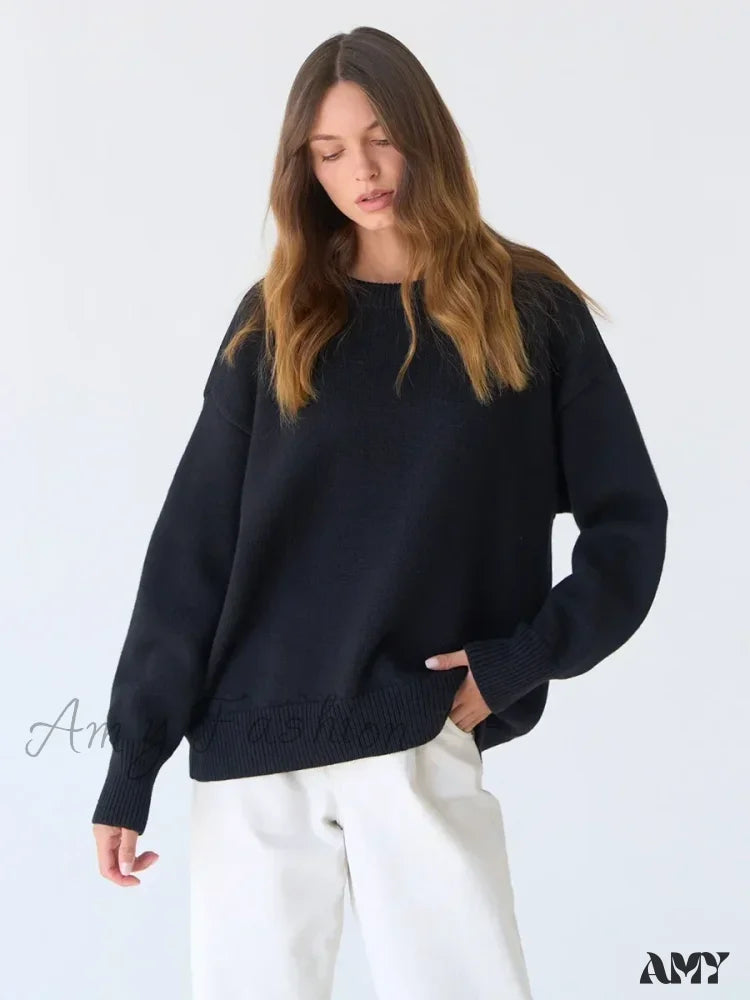 Women O Neck Autumn Winter Thick Warm Pullover Oversized Casual Loose Knitted Jumper Cozy Stylish