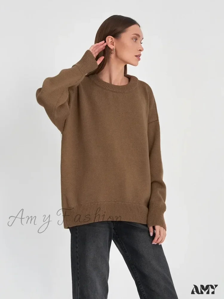 Women O Neck Autumn Winter Thick Warm Pullover Oversized Casual Loose Knitted Jumper Cozy Stylish