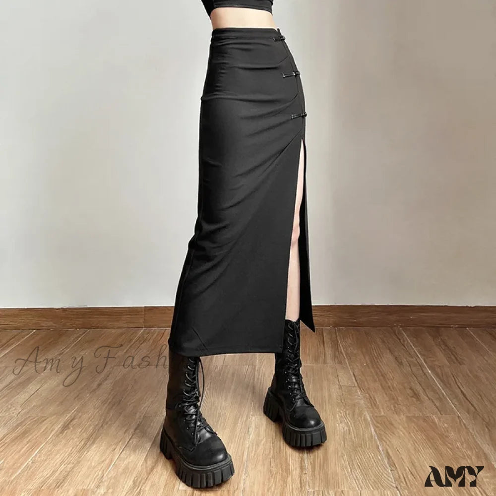 Women Skirt Mid-Length Solid A-Line Waist Sexy Slits Slim Streetwear High Long Hip-Covering Black