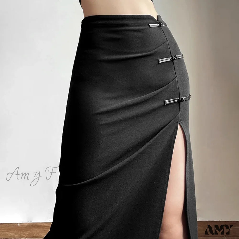 Women Skirt Mid-Length Solid A-Line Waist Sexy Slits Slim Streetwear High Long Hip-Covering Black