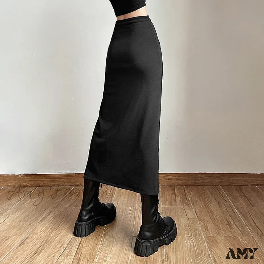 Women Skirt Mid-Length Solid A-Line Waist Sexy Slits Slim Streetwear High Long Hip-Covering Black