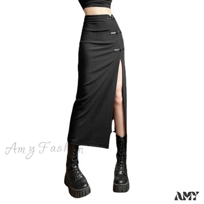 Women Skirt Mid-Length Solid A-Line Waist Sexy Slits Slim Streetwear High Long Hip-Covering Black