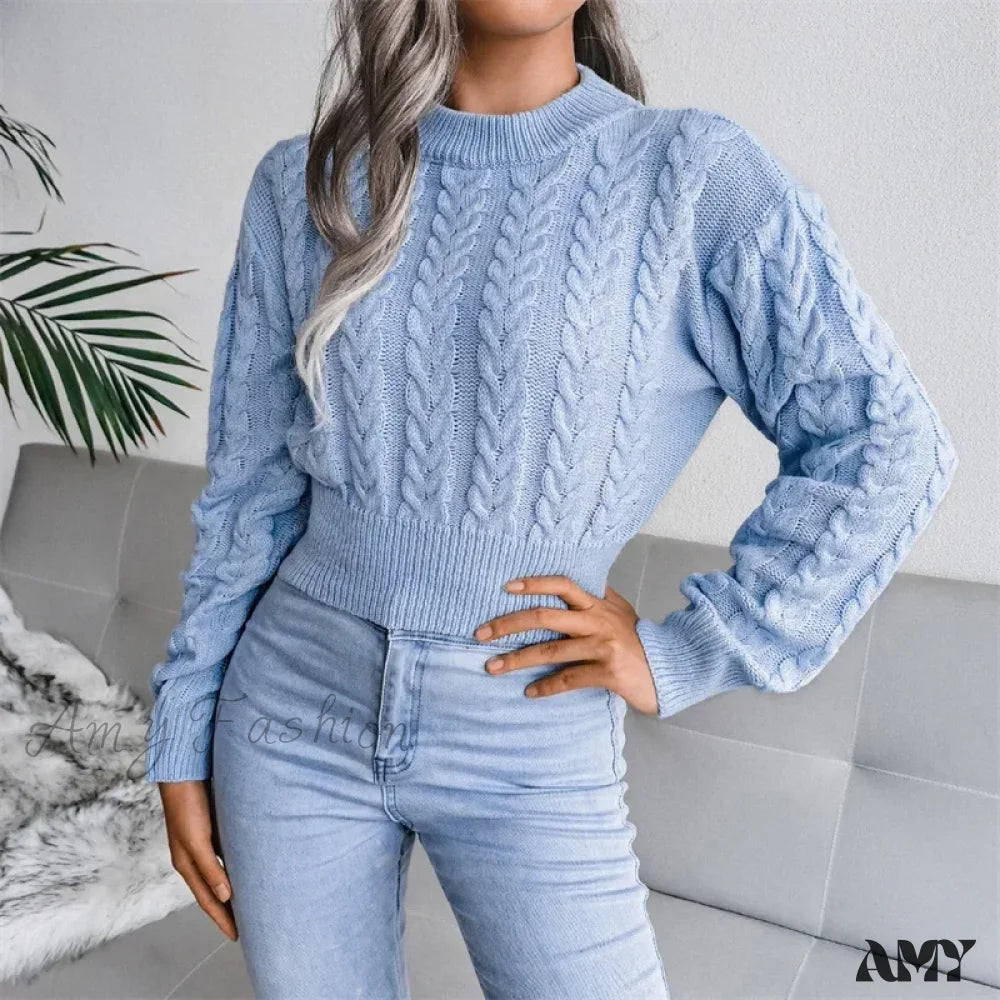 Women Solid Color Twisted Knitted Autumn Winter Fashion Long Sleeve Slim Fit Sweater Blue / S