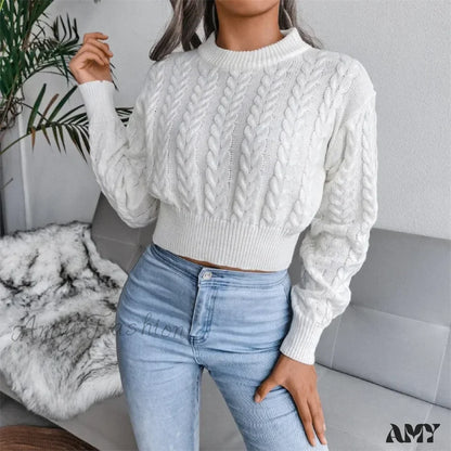 Women Solid Color Twisted Knitted Autumn Winter Fashion Long Sleeve Slim Fit Sweater White / S