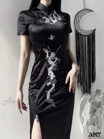 Women’s Collar Side Retro Embroidery Cheongsam Dress Qipao Stand Slit Evening Dragon