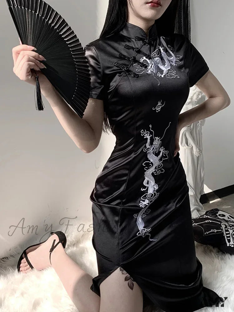 Women’s Collar Side Retro Embroidery Cheongsam Dress Qipao Stand Slit Evening Dragon