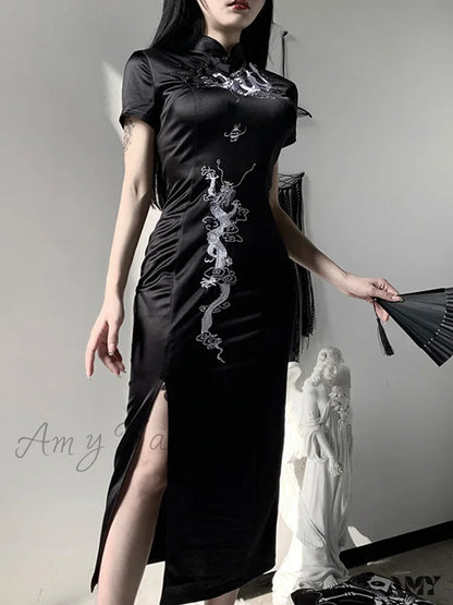 Women’s Collar Side Retro Embroidery Cheongsam Dress Qipao Stand Slit Evening Dragon