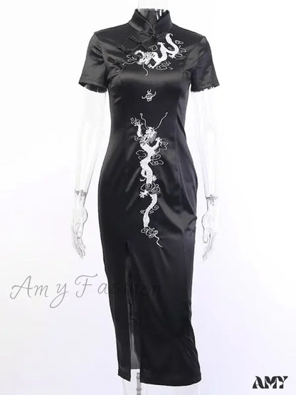 Women’s Collar Side Retro Embroidery Cheongsam Dress Qipao Stand Slit Evening Dragon Black / S