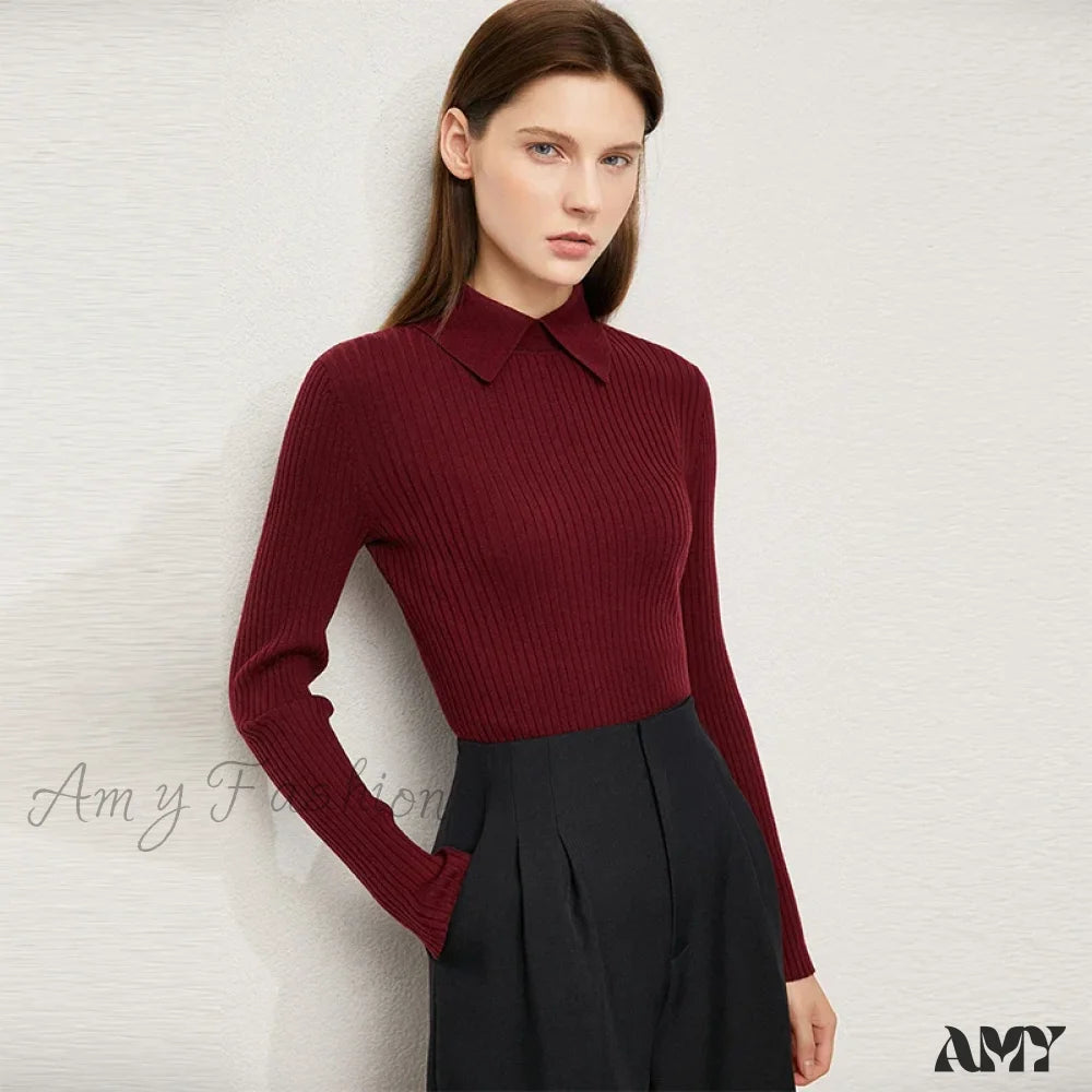 Women’s Fashion Polo Collar Wool Pullover Long Sleeve Knitted Office Lady Sweater Red / S