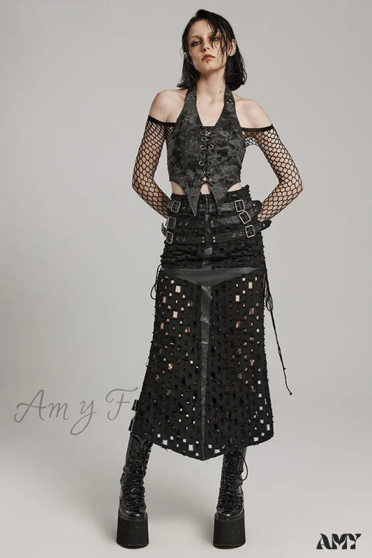 Women’s Letter Hollowed Slit Adjustable Punching Half Eyelet Buckle Cross Rock Skirt Tattered