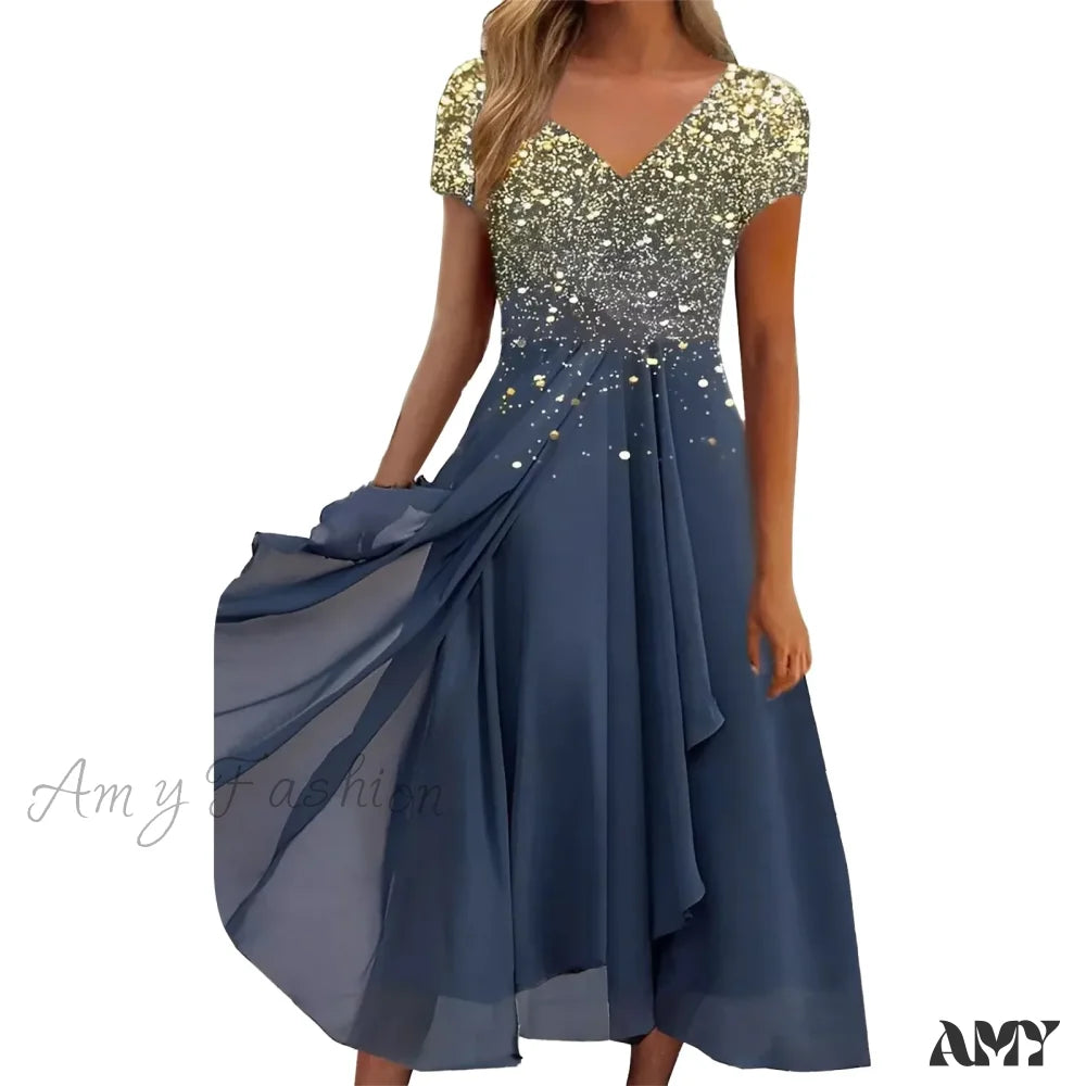 Women’s Long Chiffon Stitching Lace Female Bridesmaids Elegant Maxi Pure Color Round Neck