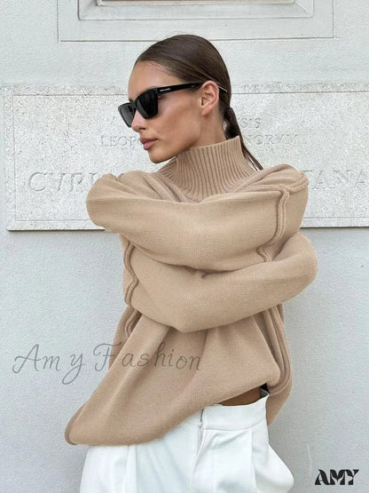 Women’s Solid Color Knitted Autumn Winter Thick Loose Casual Warm Sweater Khaki / S