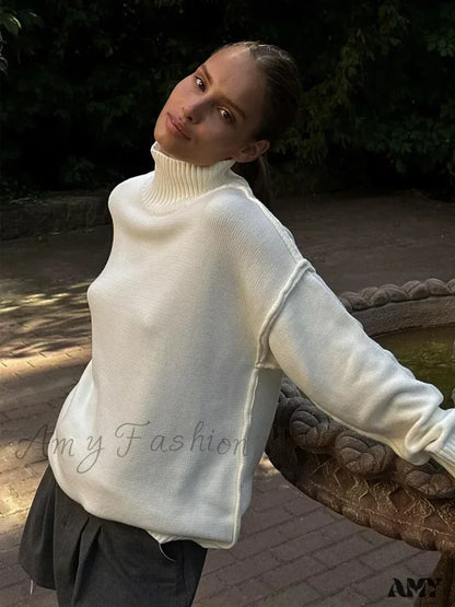 Women’s Solid Color Knitted Autumn Winter Thick Loose Casual Warm Sweater White / S